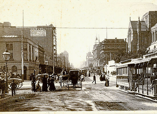 Intersection of Swanston and Flinders streets, looking north, 1890s